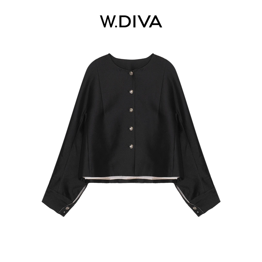 W.Diva【纽扣诗】6A桑蚕丝澳毛混纺外套极简亮泽精致圆领53C172416