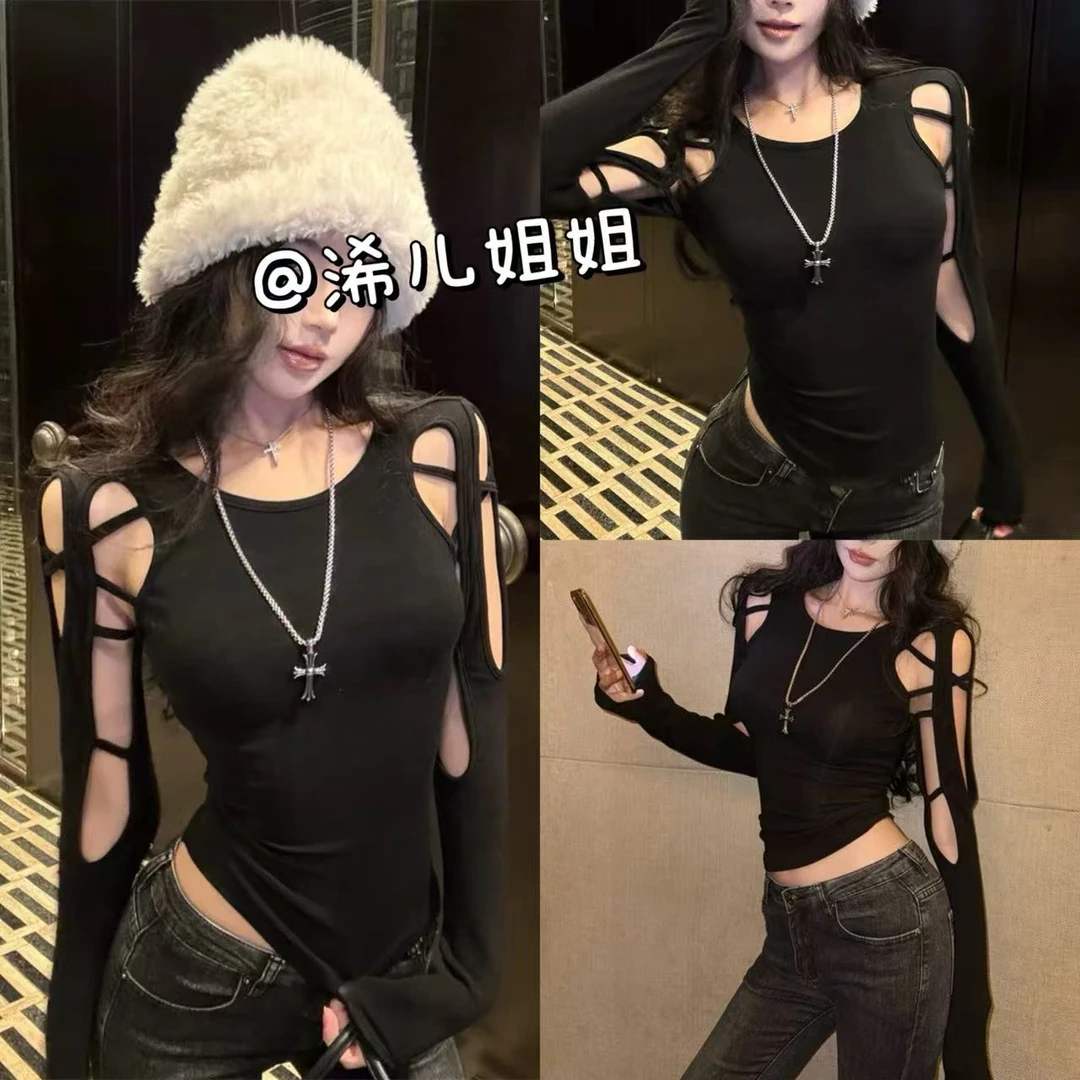 （浠儿家）  黑色镂空T恤女露肩设计感短款修身性感辣妹长袖上衣