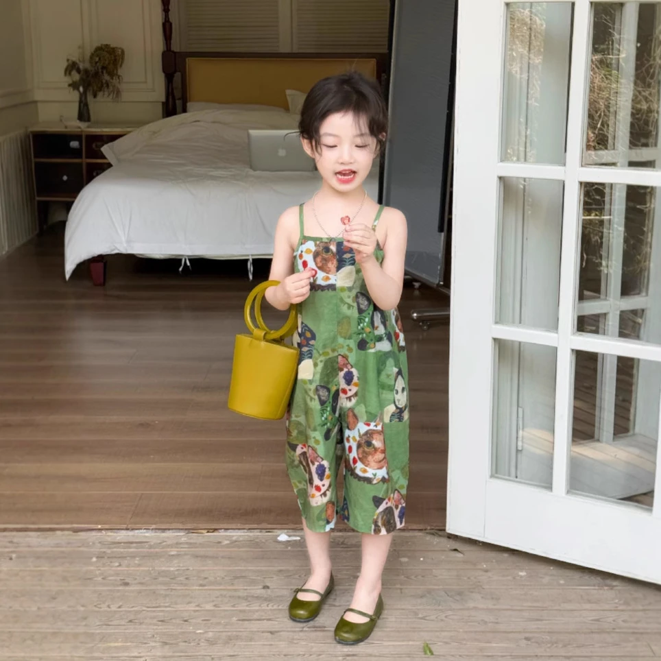 大橙子Studio女童连体裤2025夏季新款韩版可爱猫咪洋气连体吊带裤
