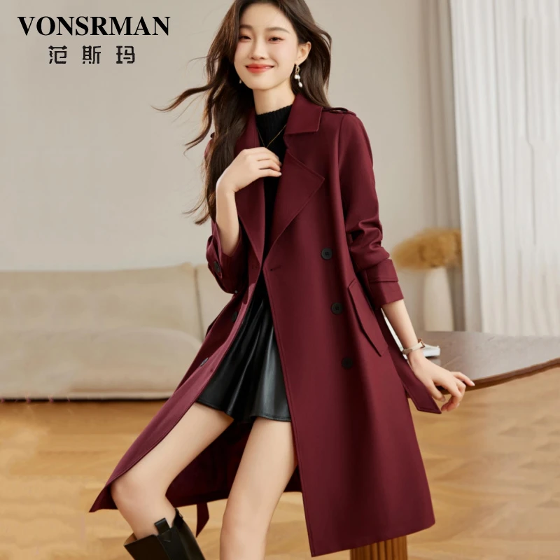 中长款风衣外套女款春秋2025新款英伦风大衣时尚红色收腰冬季修身