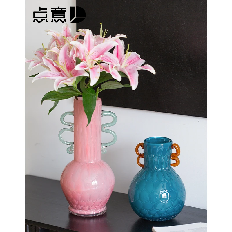 莫兰迪花瓶花器琉璃双耳多巴胺家居装饰水养鲜花粉色餐桌台面小