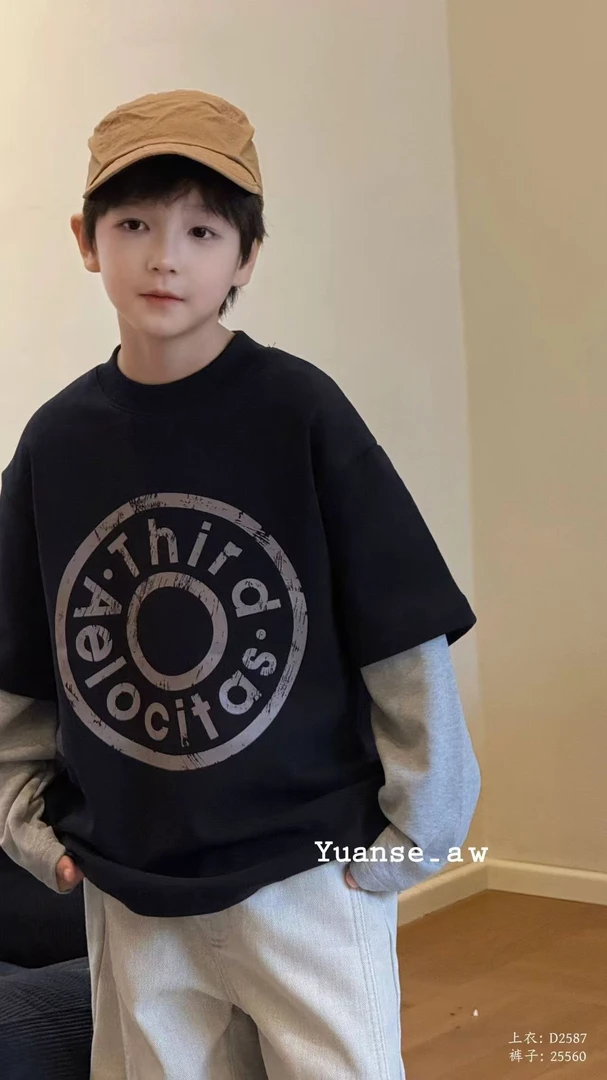 YS-2587 秋冬儿童中大童自发热假两件T恤抓绒打底上衣