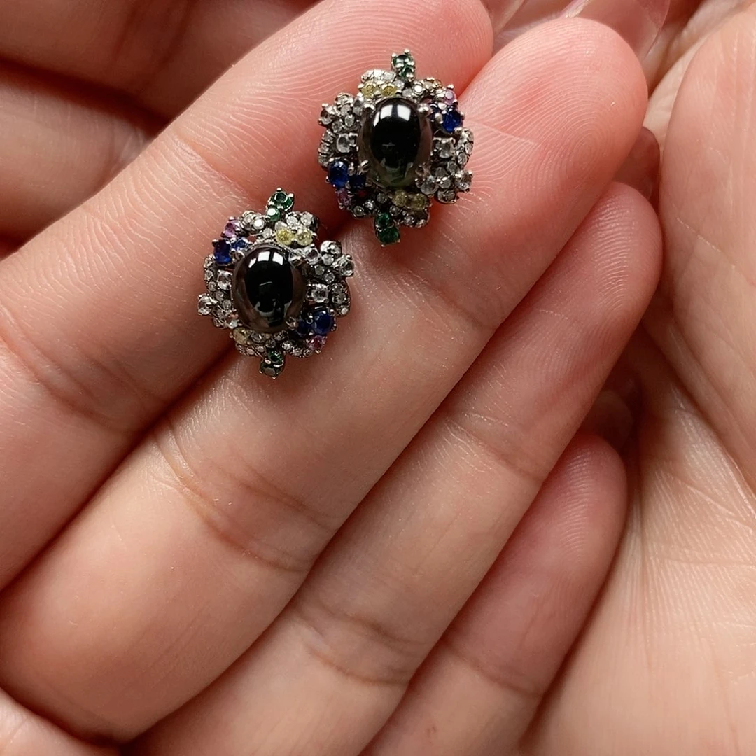 翡翠耳饰18K金镶嵌墨翠