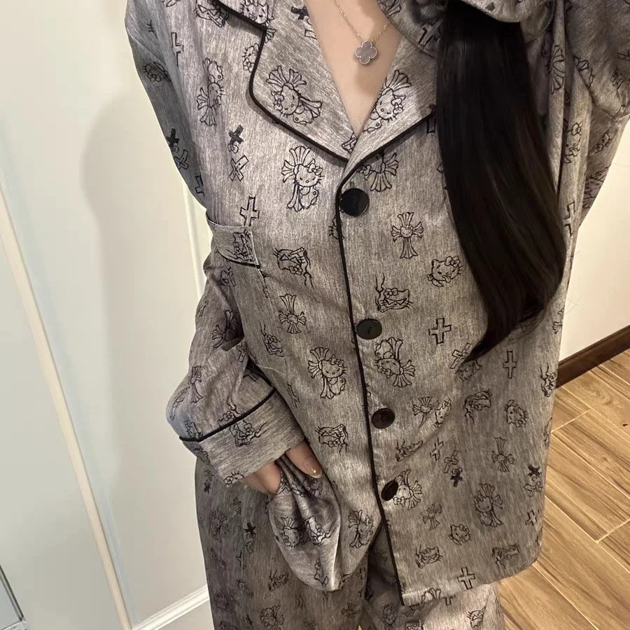 春夏季新款邪恶kt缎面冰丝绸睡衣女套装甜美家居服带胸垫送发圈