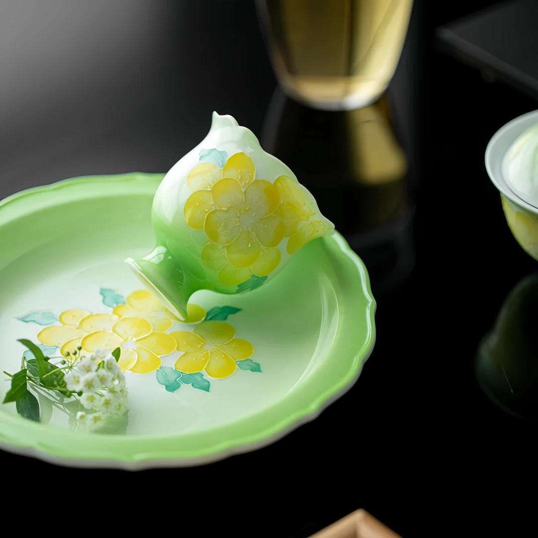 手绘迎春花手工花口主人杯陶瓷品茗杯中式茶杯瓷个人专用杯花瓣杯
