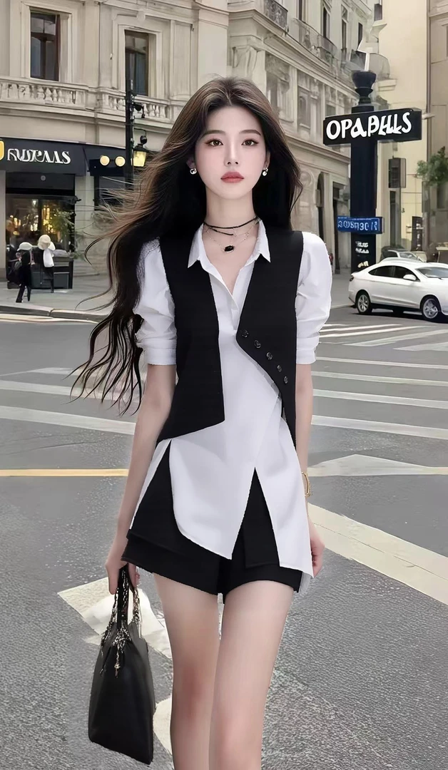 2025夏季新款小众设计不规则Polo领短袖修身两件套时尚百搭女装