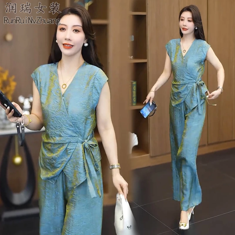 休闲轻熟风时尚套装女2025夏季新款系带短袖衬衫阔腿裤妈妈两件套