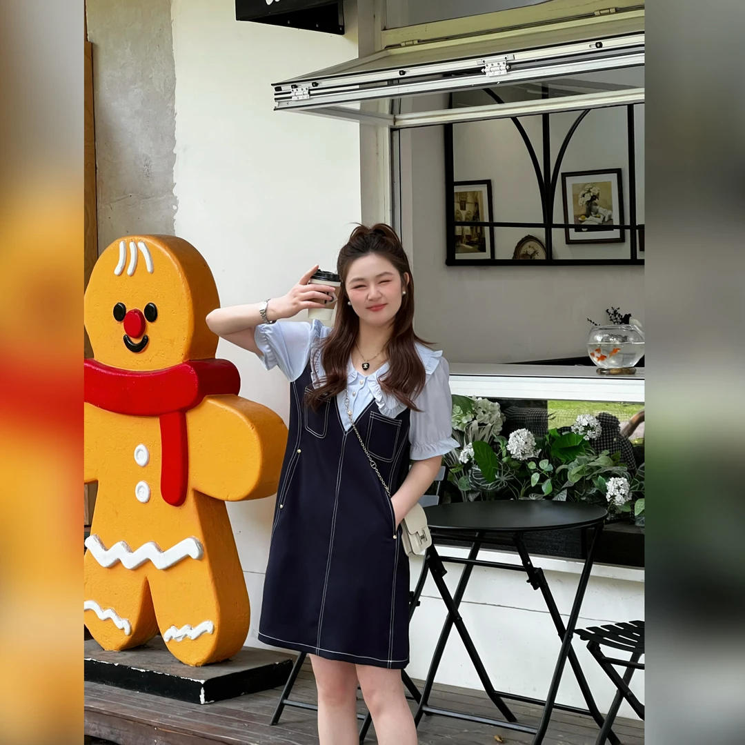 楠序【冰川蓝调】迪迪微胖女装 2025年假两件夏季连衣裙时尚YZ36227