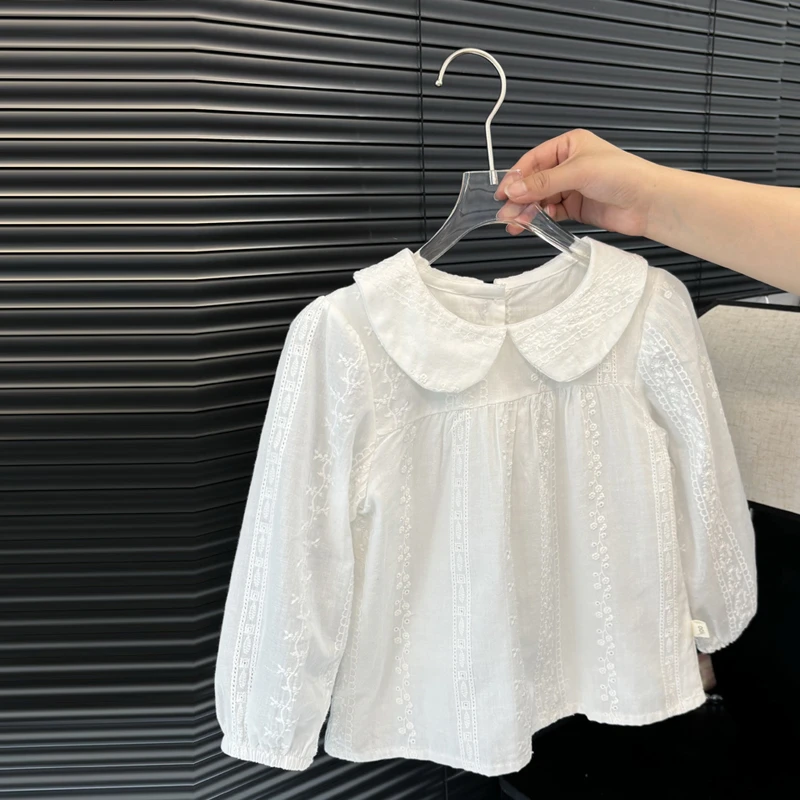 K203女童新款纯棉衬衣衬衫春秋长袖刺绣提花翻领蕾丝欧若风童装