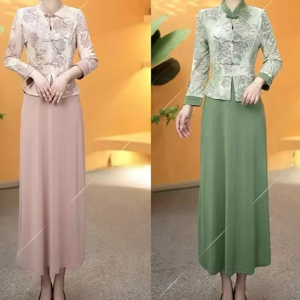 2025夏季新款妈妈短袖连衣裙新中式高端气质减龄盘扣假两件连衣裙