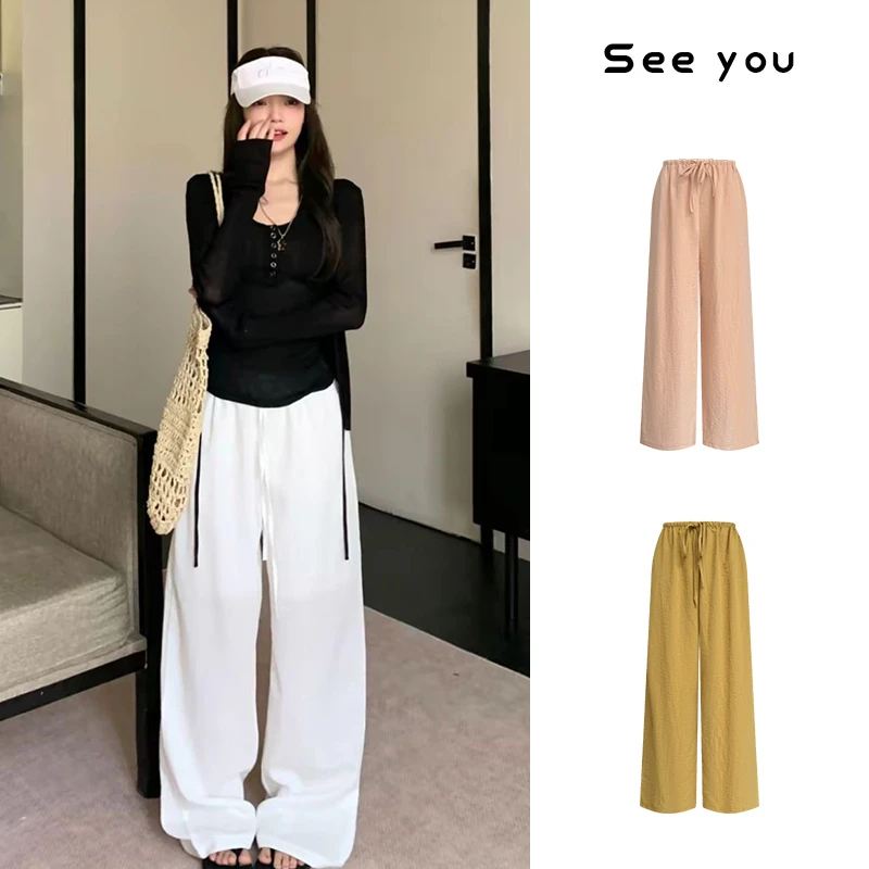 夏季百搭窄腰头抽绳休闲裤阔腿裤宽松长裤女设计感百搭直筒裤B910