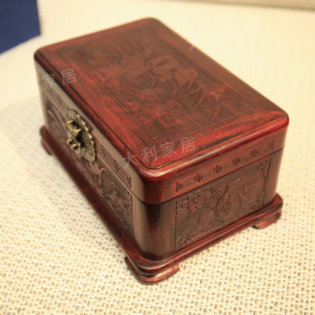 （大利家具）LZ鸳鸯戏水大红酸枝首饰收纳盒适合新娘嫁妆盒