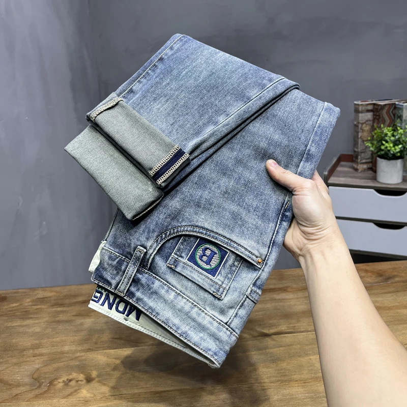 春夏新款小个子男装九分裤牛仔裤经典怀旧蓝弹力修身小脚裤刺绣潮
