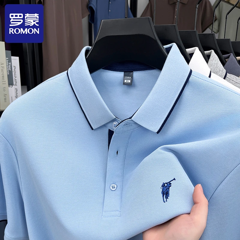 Romon/罗蒙夏季棉质短袖Polo衫男士透气商务休闲翻领刺绣男装T恤