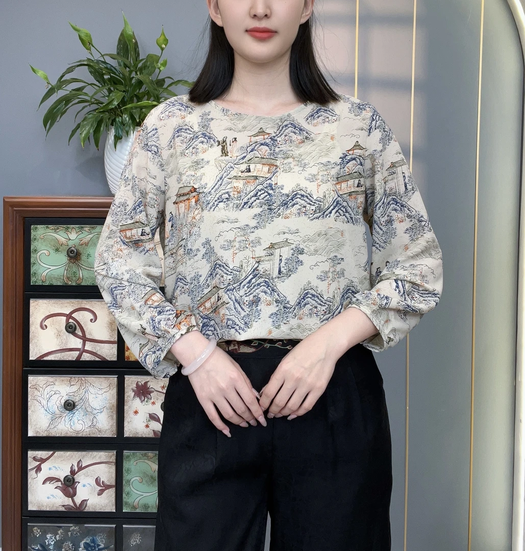 高山流水2025秋季新款圆领长袖中老年妈妈装亲肤透气女士上衣小衫