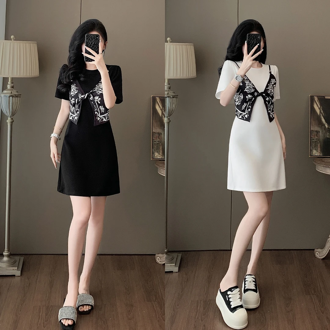 裙子女款爆款2025新款高级感连衣裙女夏显瘦气质假两件中长款裙子