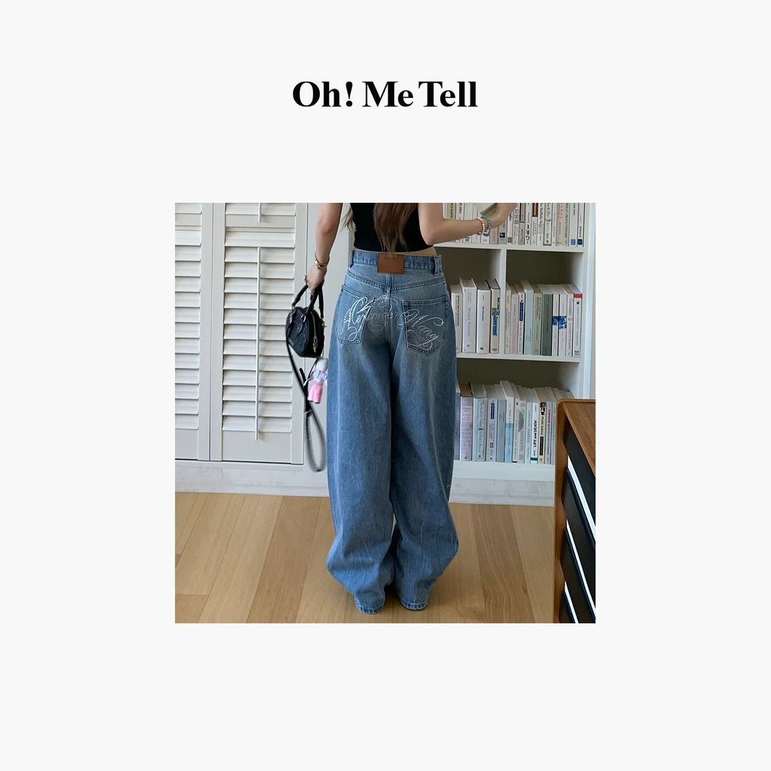 Oh! Me Tell【重工烫钻神裤】绝绝子版型高腰显瘦阔腿弯刀牛仔裤女