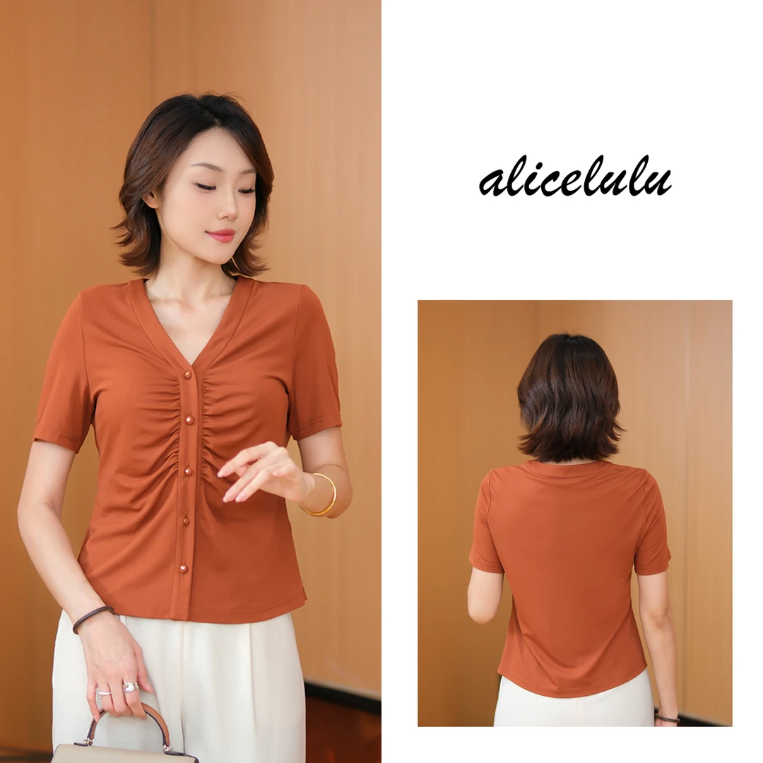 2alicelulu 法式气质掐腰褶皱短袖T恤通勤修身 S2143702L