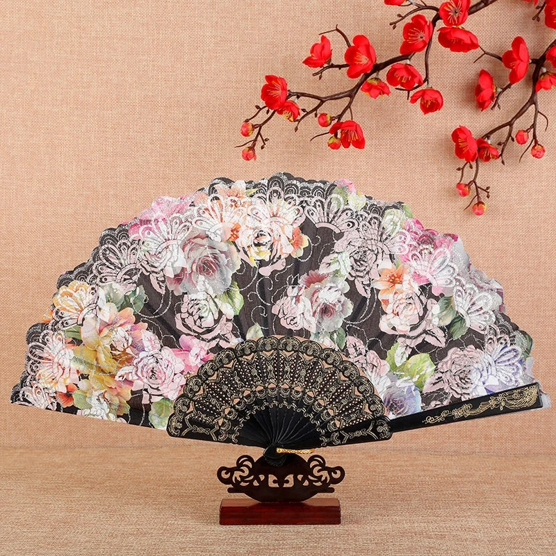[拍一发二]玫瑰烫银折叠扇 中国风花朵烫银扇面舞蹈扇子