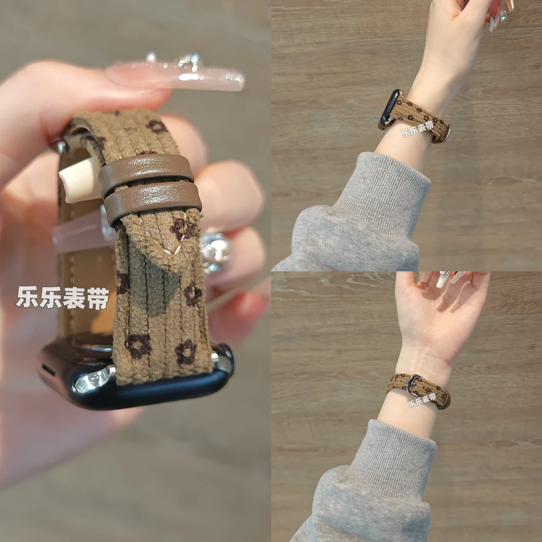 适用iwatchs11可爱小花灯芯绒皮质苹果s10表带Applewatch98se秋冬