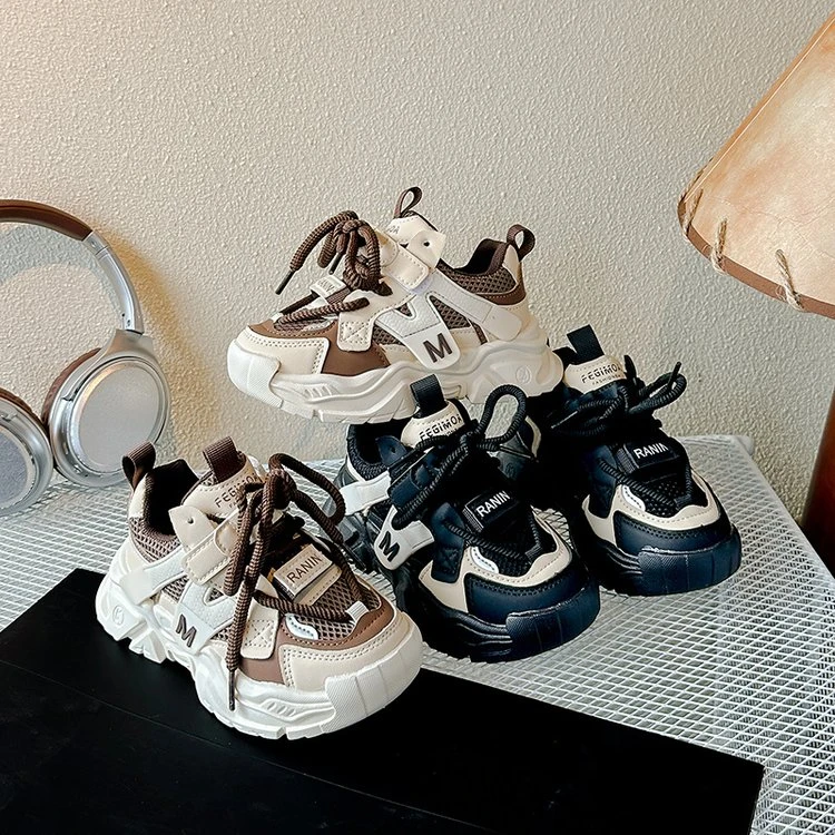 儿童帅气拼色运动鞋2025年春季男童老爹鞋女童网布透气休闲鞋