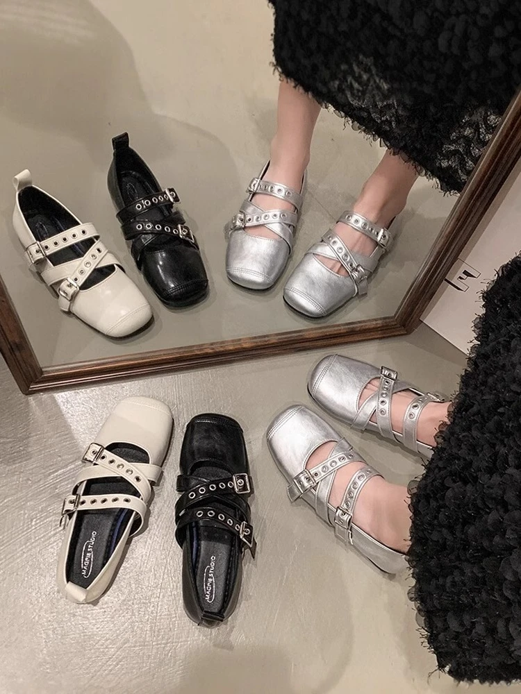啄木鸟复古芭蕾舞鞋女2025夏交叉扣浅口方头单鞋百搭平底玛丽珍鞋
