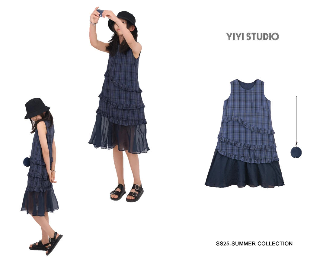 YiYi 童装藏青格子连衣裙0535