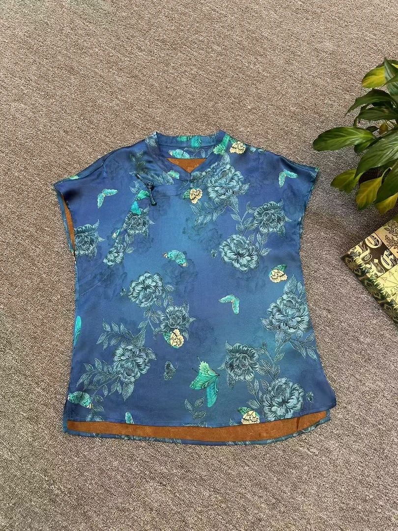 新中式印花落肩无袖改良唐装衬衫女----75