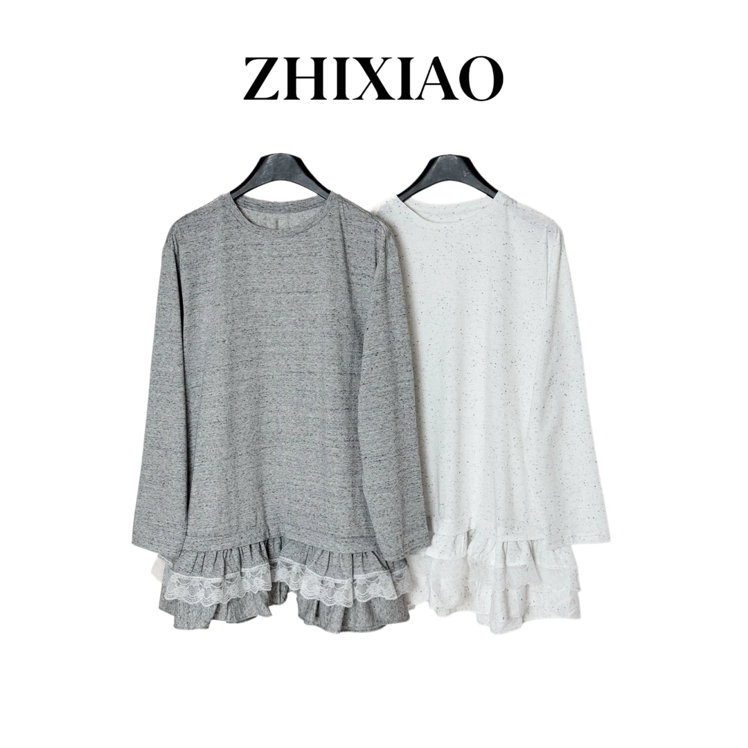 【ZHIXIAO】秋冬新款：黑点花边长袖上衣8330-1