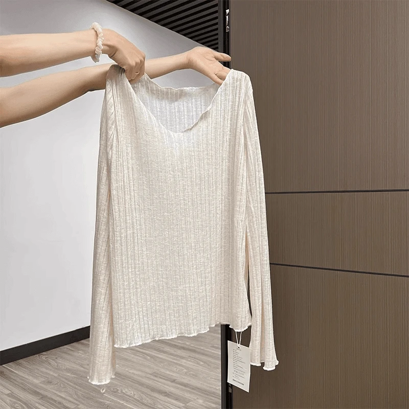 休闲百搭防晒衣空调罩衫女薄款微透木耳边长袖宽松T恤上衣夏季