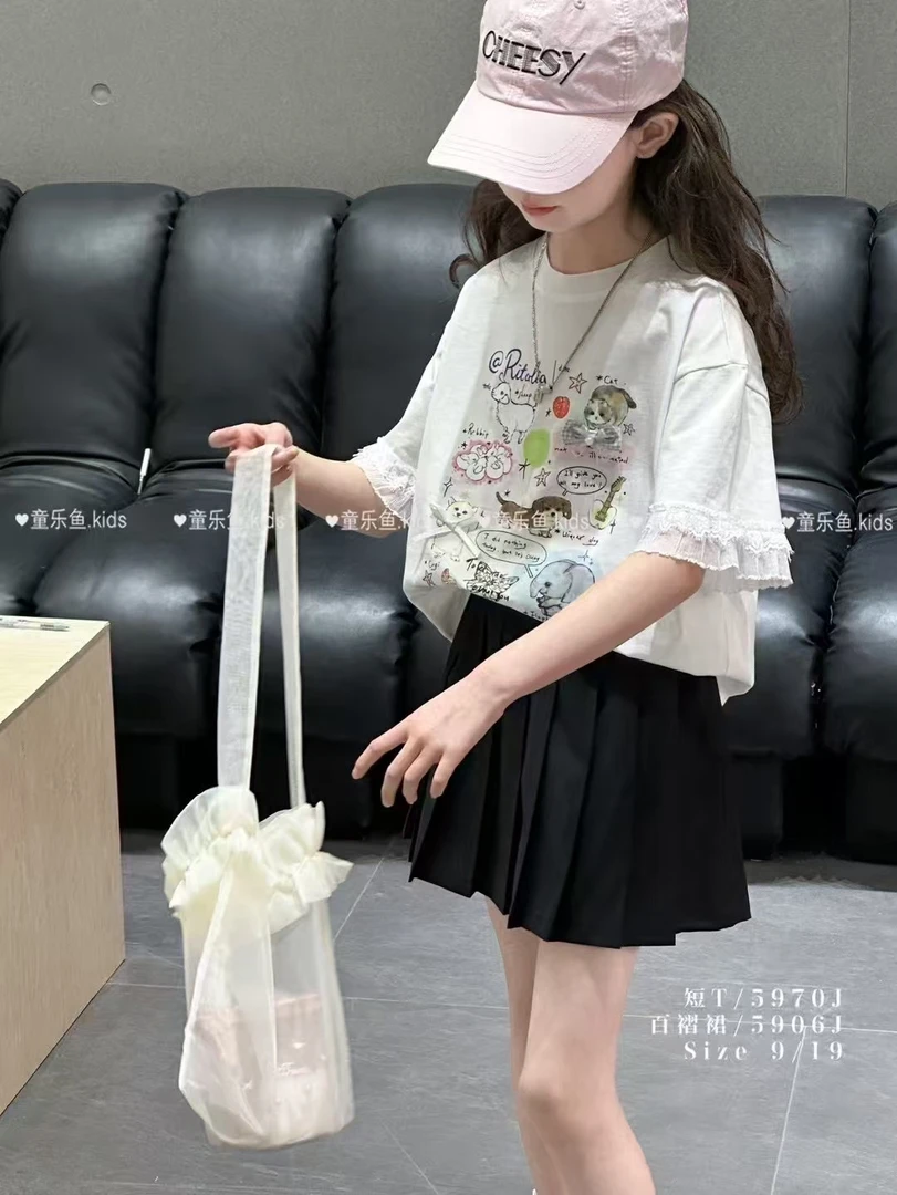 &苏珊&2025新款夏款短袖T恤蕾丝边卡通图案5970