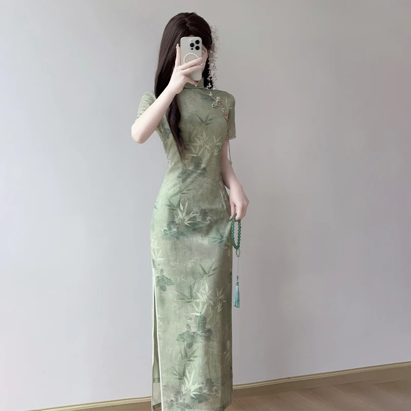 复古旗袍2025年新款百搭夏季少女国风改良版新中式绿色连衣裙日常