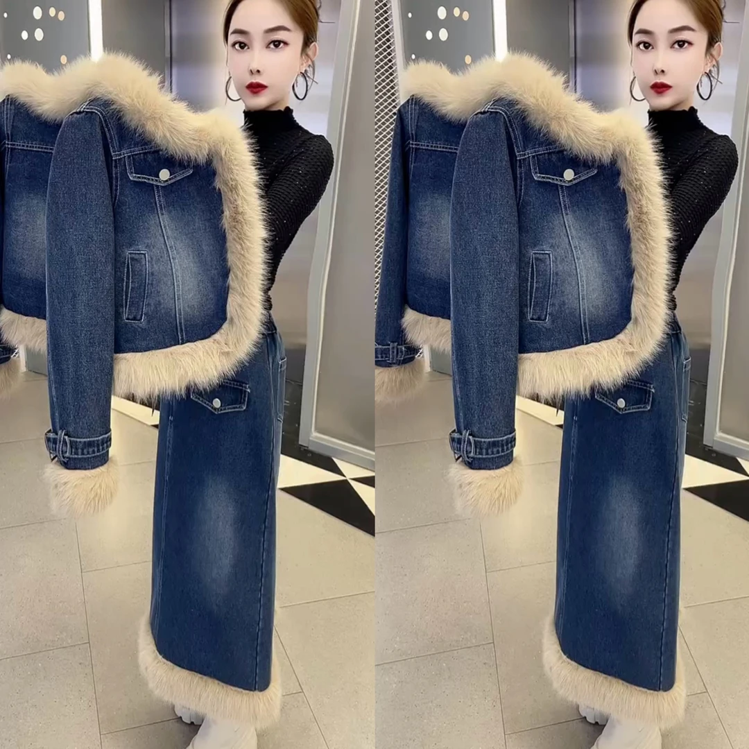 冬季秋冬新款复古拉德加厚牛仔毛毛短外套拼接辣妹外套半身裙套装