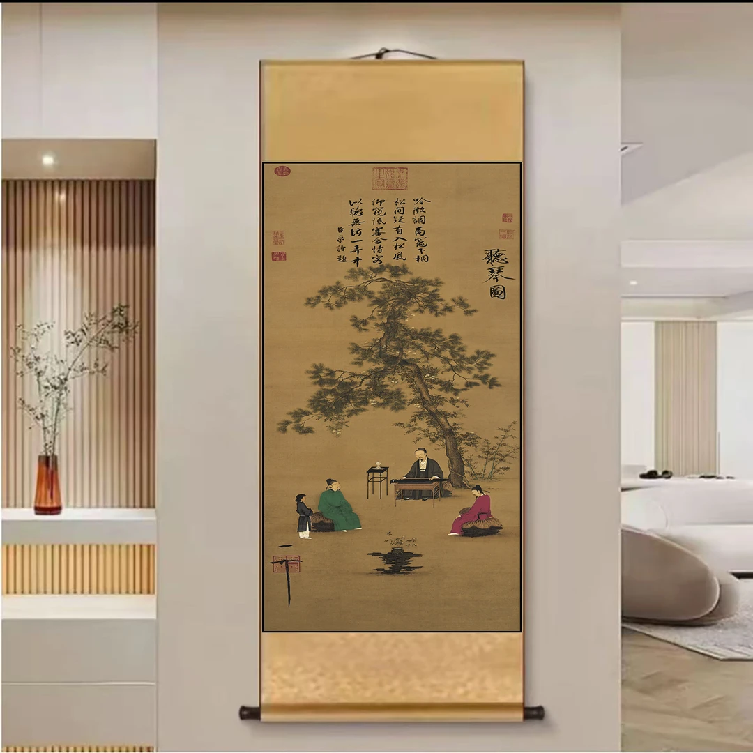 A58精装140*45《听琴图》中式数字微喷立式挂画卷轴画
