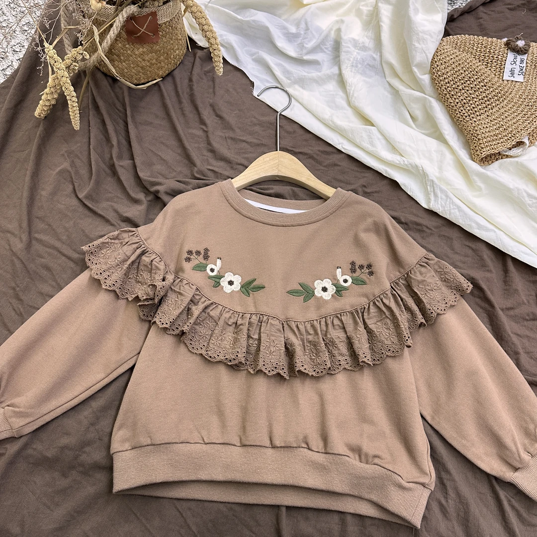 新款女童春秋新款儿童花边卫衣童装时髦女童套头时尚刺绣上衣卫衣
