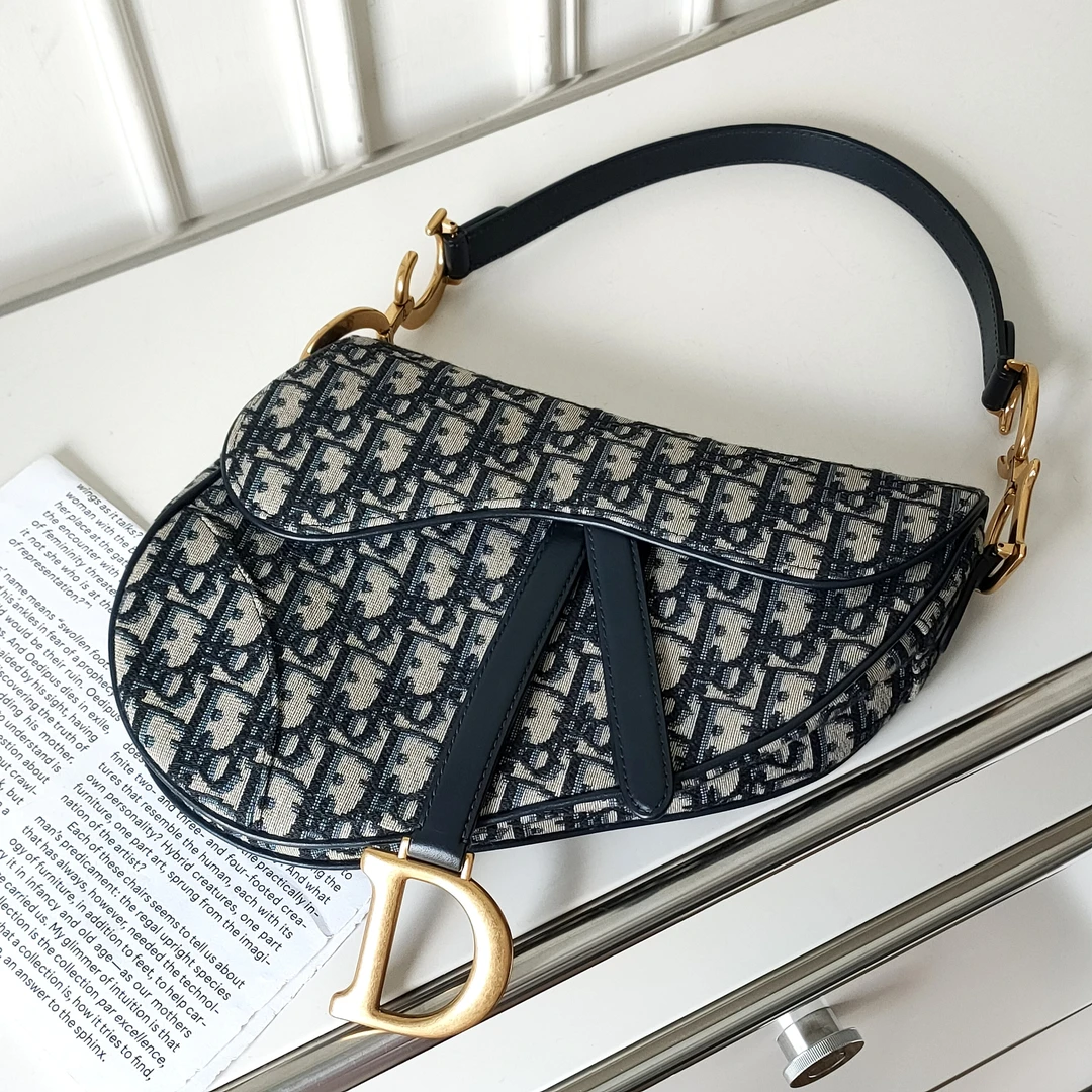 95新 DIOR/迪奥 Azul - 蓝色布面老花马鞍中号手提腋下包 49764