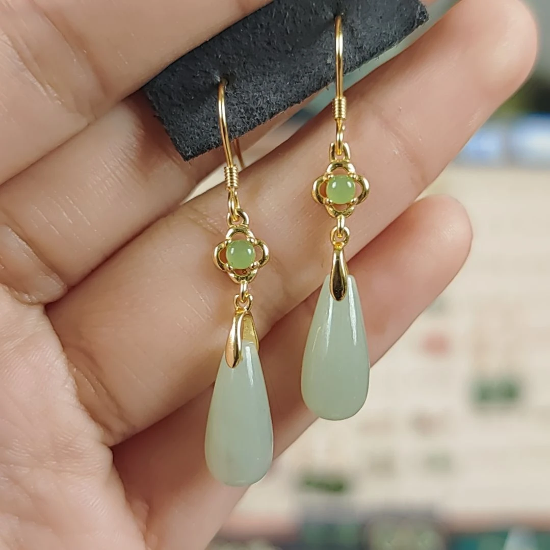 和田玉耳饰银S925镶嵌耳饰