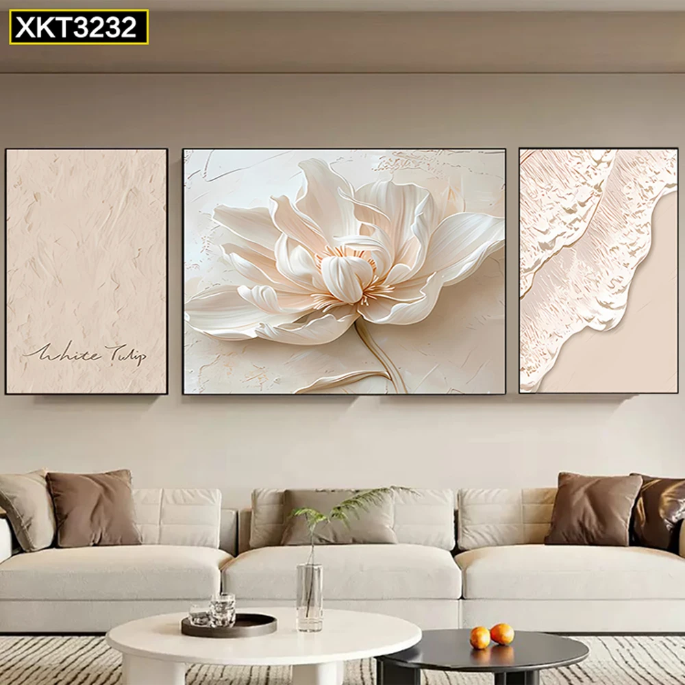 一尺缘花开富贵三联画客厅沙发背景书房办公室装饰画砂岩板轻奢风