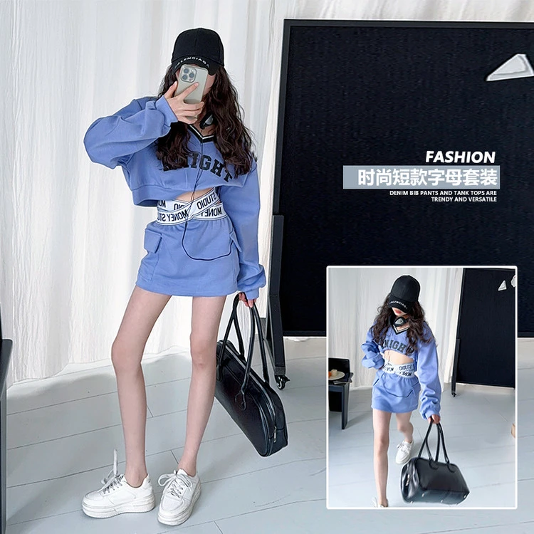 女童童装运动套装2025中大童春款韩系短款V领长袖卫衣两件套潮