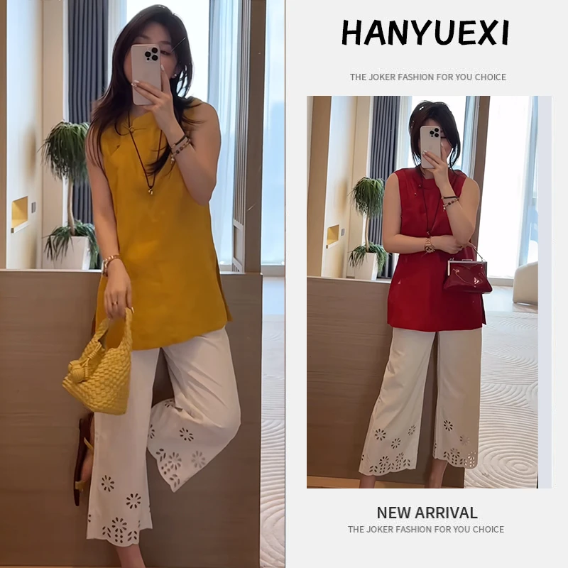 夏季时尚一整套女装2025新款新中式无袖上衣设计感阔腿裤两件套潮