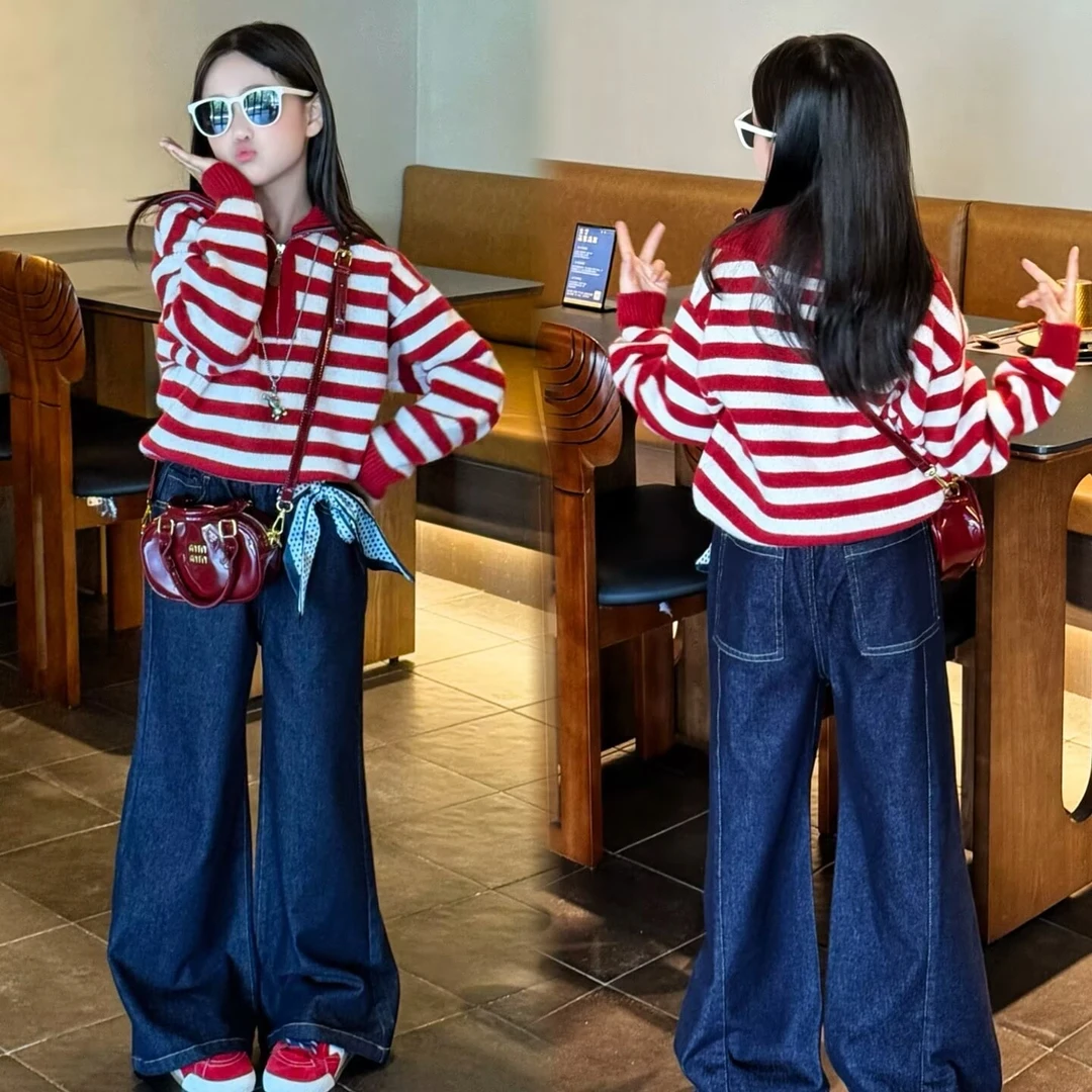 女童秋季新款套装中大童毛衣儿童洋气时尚牛仔阔腿宽松韩版针织衫