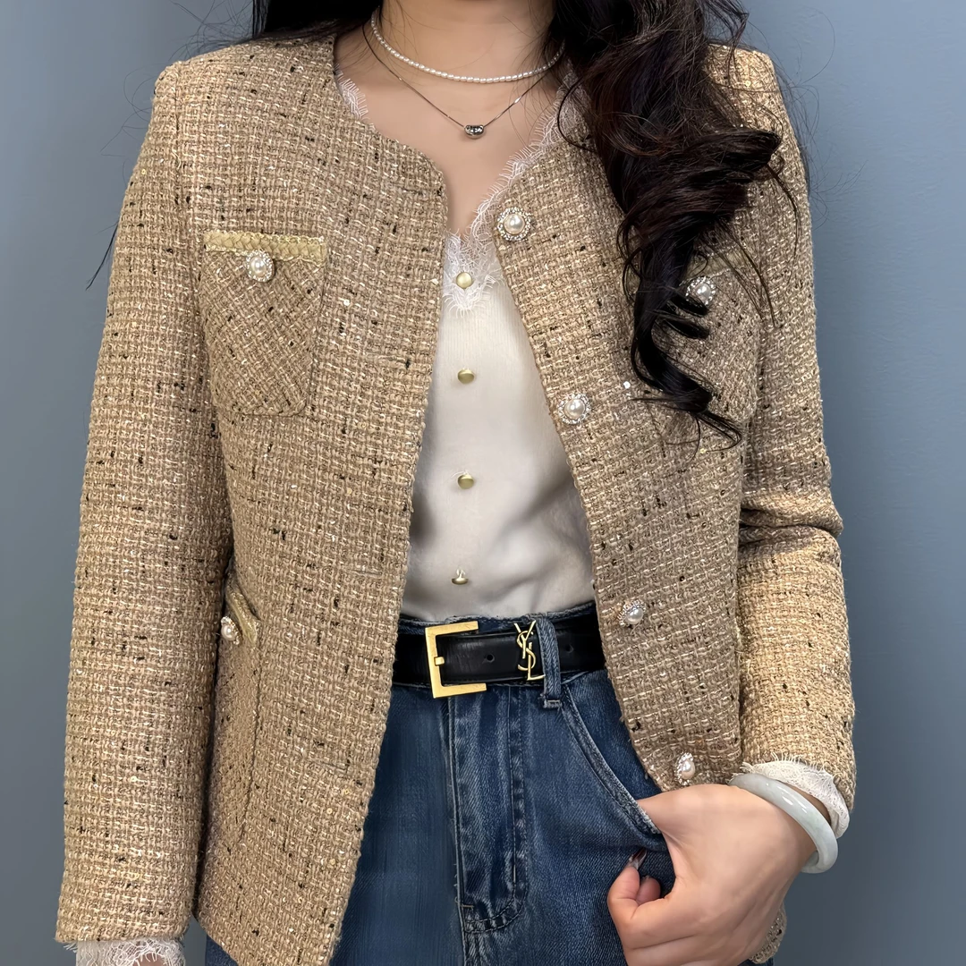 春季时尚亮片小香风格子外套修身显瘦长袖气质上衣百搭圆领休闲