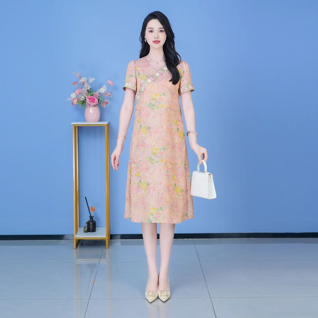 套头时尚提花连衣裙夏季宽松腰裙子印花高腰中国风中长款复古碎花