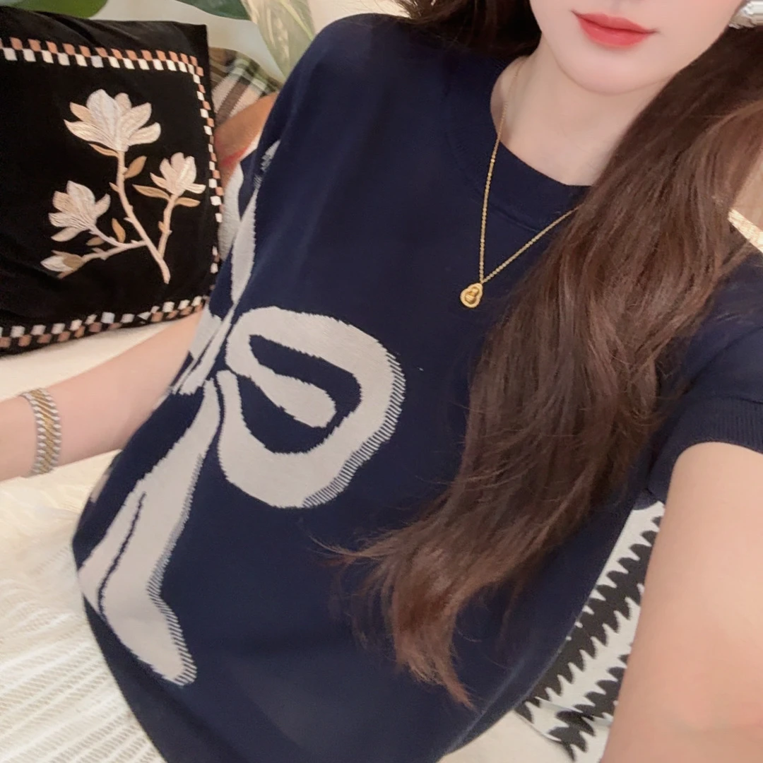 1592【迪好甄选】简约藏蓝色蝴蝶结短袖女夏季新款时髦宽松显瘦上衣