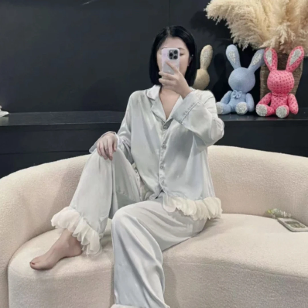 睡衣女春秋爆款【DELEK 】25年新款冰丝花边长袖薄款甜美套装家居服