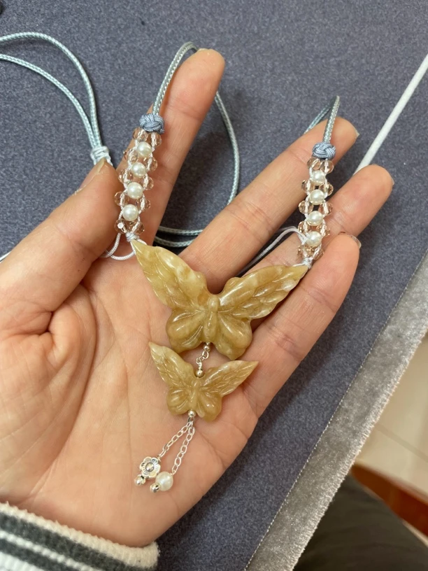 岫玉挂件天然玉石吊坠花玉料蝴蝶玉挂件玉吊坠双蝶玉挂件