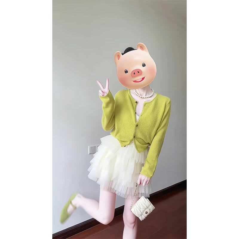 2025新款女士春季短款针织开衫网纱蛋糕裙半身裙蓬蓬短裙两件套