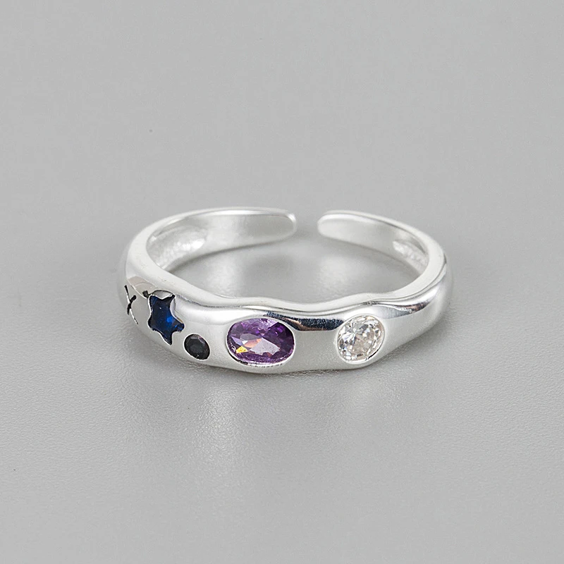 925银锆石戒指 手工小众冷淡风指环对戒彩色闺蜜复古设计感简约