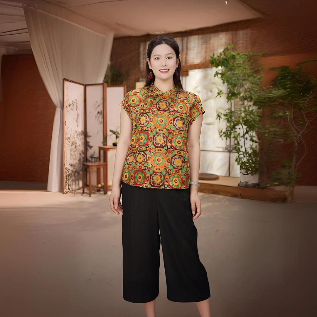 【锦序】桑蚕丝香云纱花萝新中式国风古风女装禅意茶服 短袖夏季