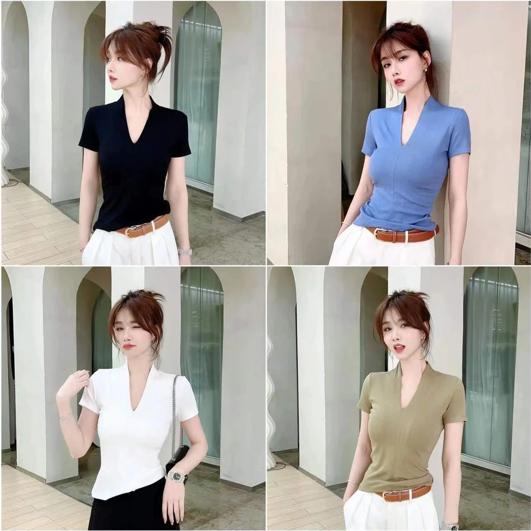 黑色正肩V领短袖T恤女新款夏季显瘦气质修身设计感螺纹洋气上衣潮